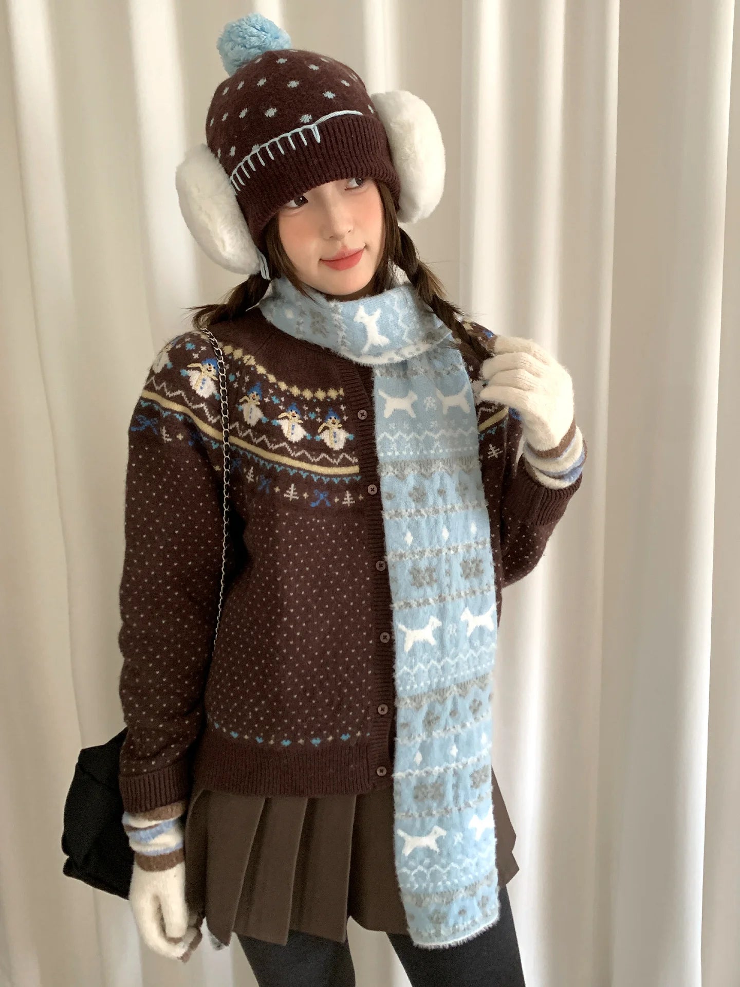 New Fair Lsle Cat Jacquard Knit Scarf For Women Autumn Winter Student Atmosphere Warmth Versatile Neckwear