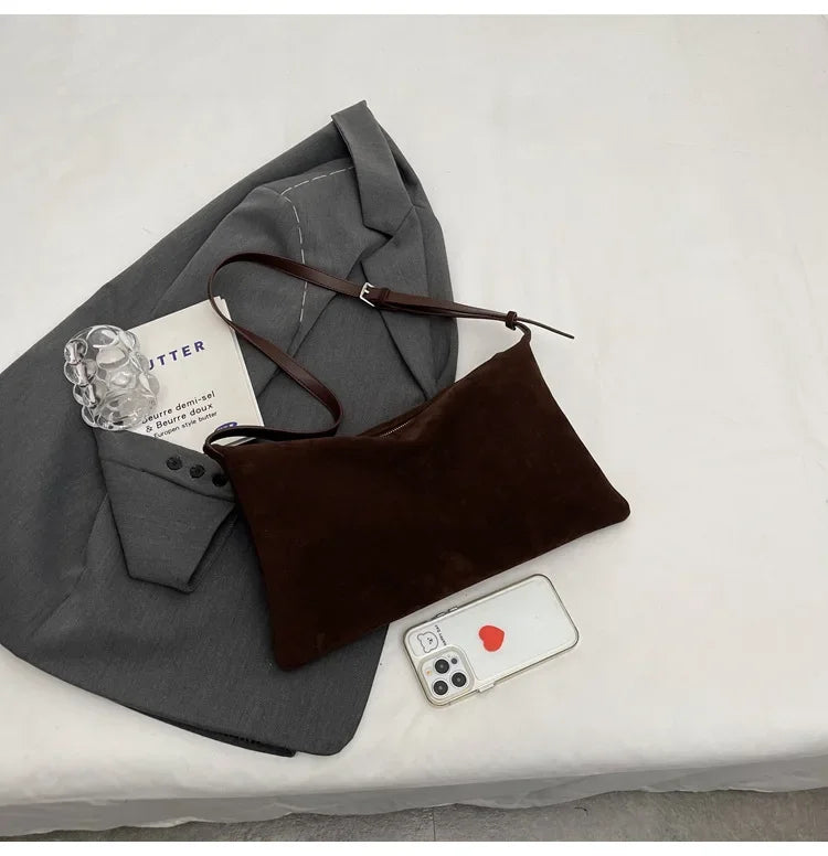 Women's Slouchy Vintage Frosted Suede Shoulder Underarm Bag Simple Tote Bag