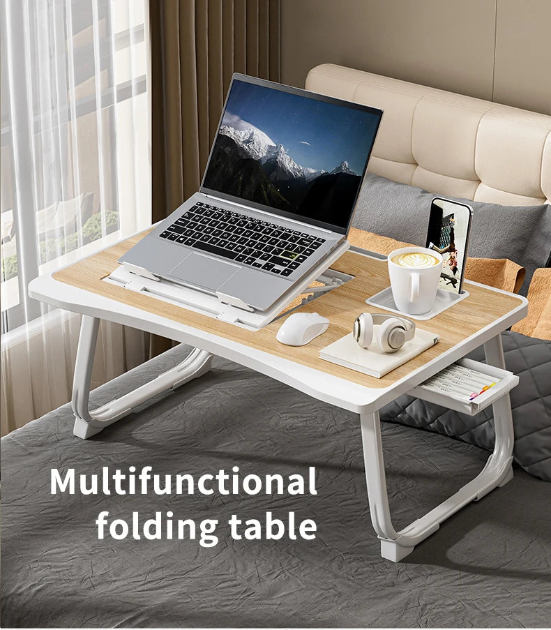 Foldable Laptop Bed Desk, Portable Adjustable Height, Bed Desk w/ Wooden Surface