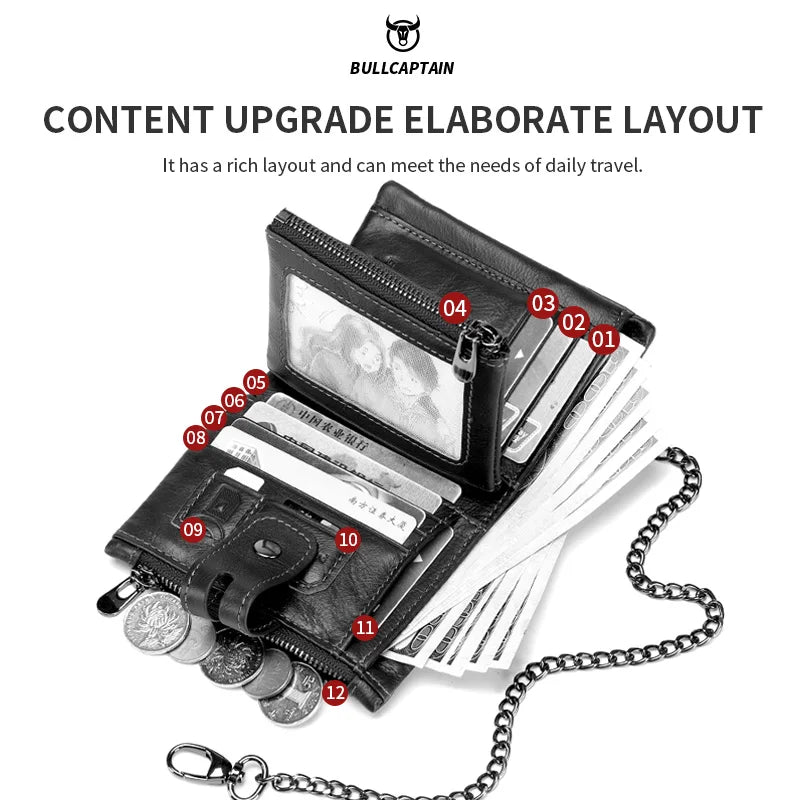 BULLCAPTAIN Gift Box Men's Genuine Leather Wallet Multi-Function RFID Anti-theft Iron Chain Card Bag Comes With Coin Coin Wallet