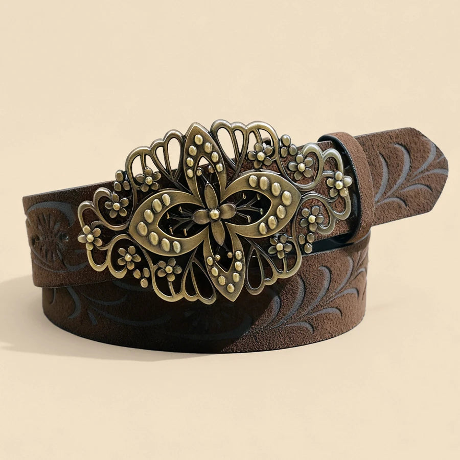 Vintage Carved Metal Buckle Belt Unisex Retro Brass Buckle Embossed Pattern Waistband European Ethnic Style Accessory
