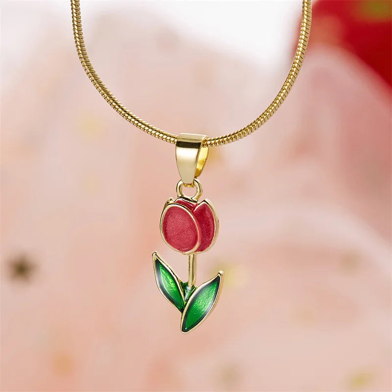 Vintage Elegant Tulip Flower Pendant Necklace for Women Fashion Aesthetic Flowers Clavicle Chain Choker Wedding Party Jewelry