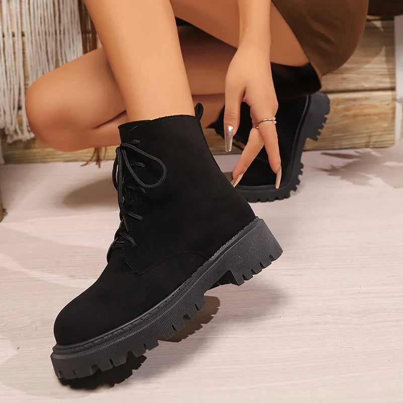 Retro Faux Suede Platform Ankle Boots Women Autumn Winter Plus Size Lace Up Shorts Booties Mujer Comfort Thick Sole Boots Woman
