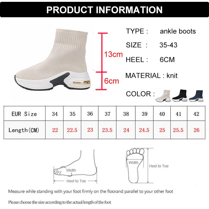 2025 Thick Bottom Knitted Ankle Boots Women Comfort Breathable Platform Sock Shoes Woman Plus Size Wedges Short Booties Mujer