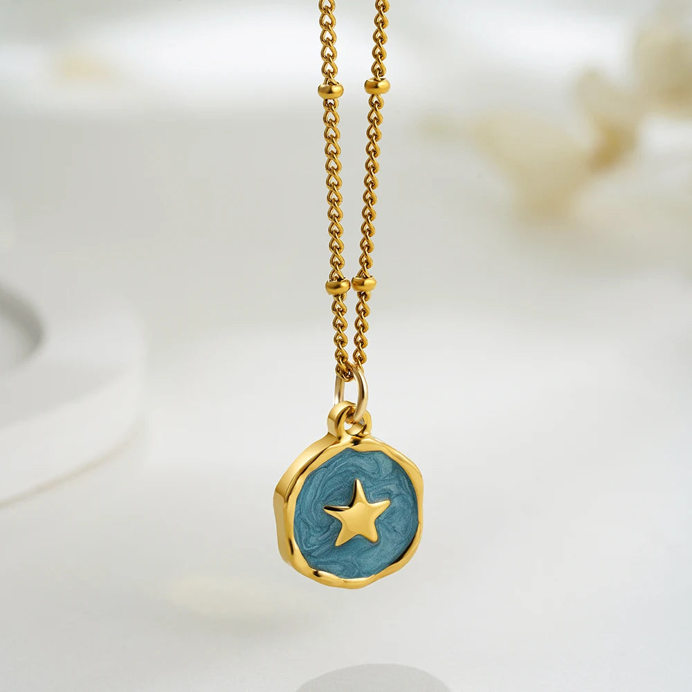 Punk Geometric Enamel Colorful Natural Stone Pendant Necklace Cross Love Women