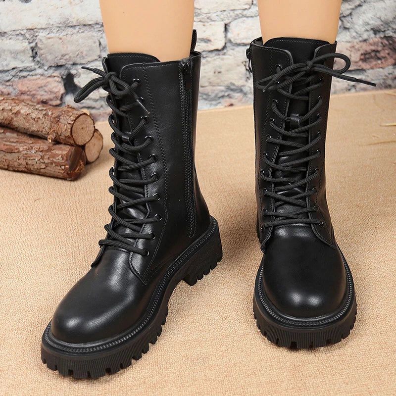 British Style Black Mid Calf Boots for Women Pu Leather Thick Heels Motorcycle Botas Mujer Autumn Winter Lace Up Boots Woman