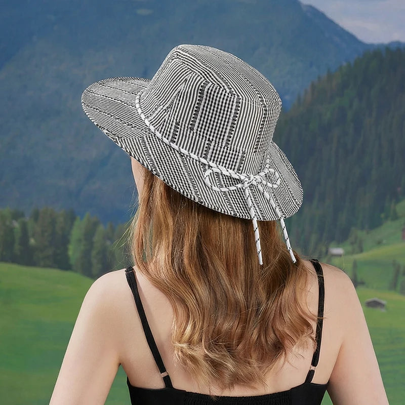 6149-Spring and Summer Women's Casual Fashion Striped Fisherman Hat for Beach Trips with Large Brim for Sun Protection