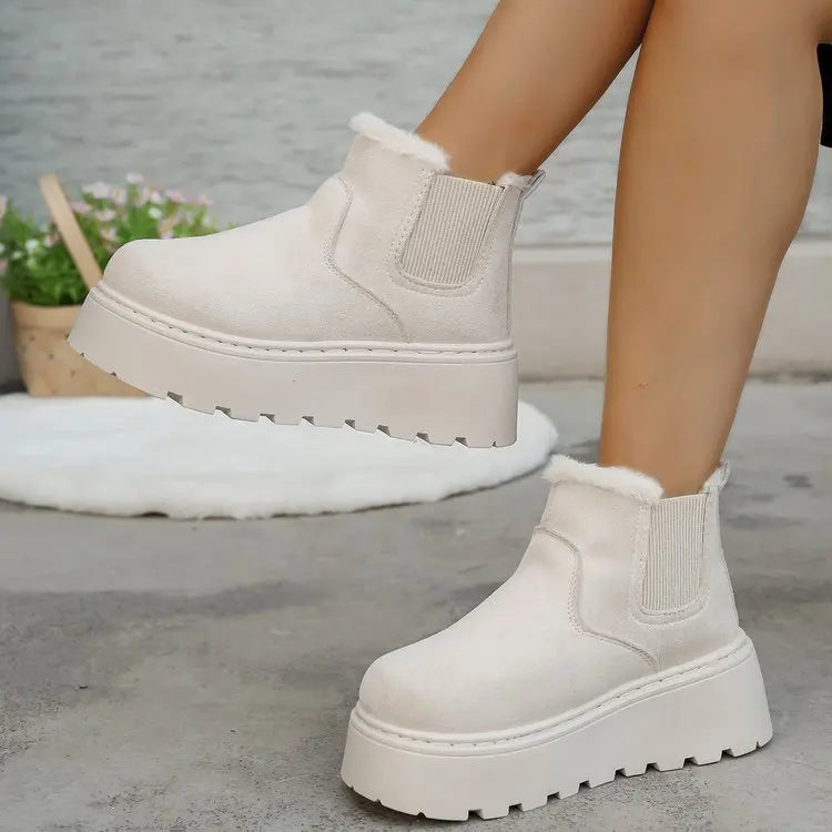 British Style Solid Color Platform Snow Boots Women Winter Soft Short Plush Warm Ankle Boots Woman Faux Suede Booties Female