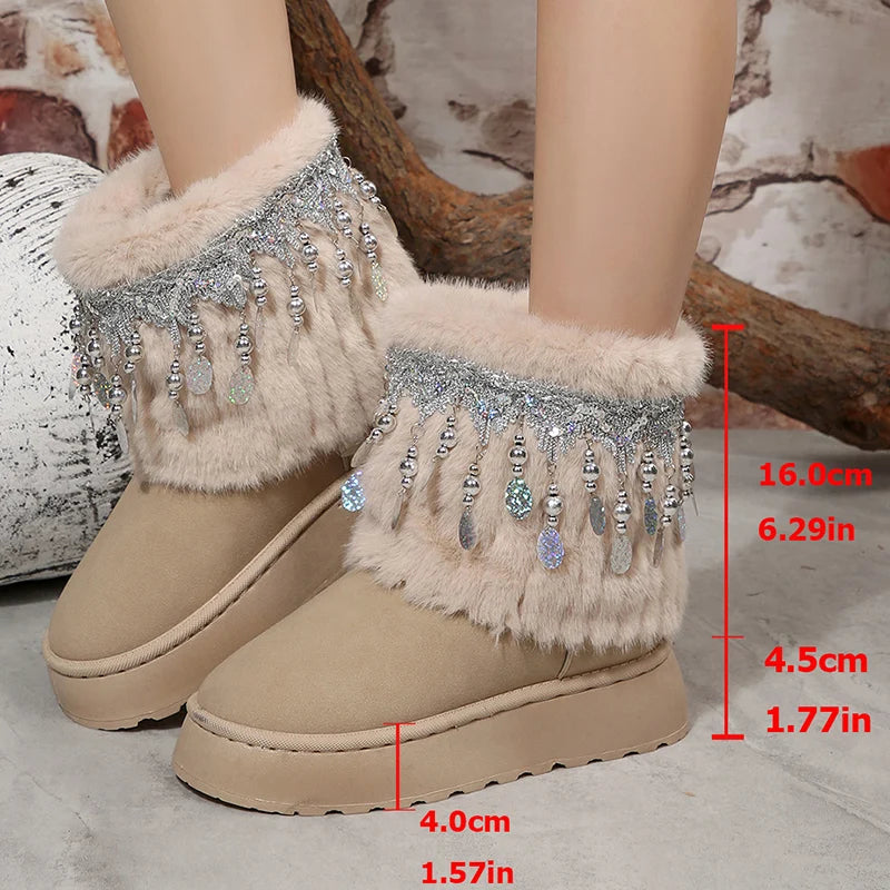 National Wind Sequins Fur Snow Boots Women Thick Sole Long Plush Winter Boots Woman Non Slip Cotton Padded Shoes Plus Size 43