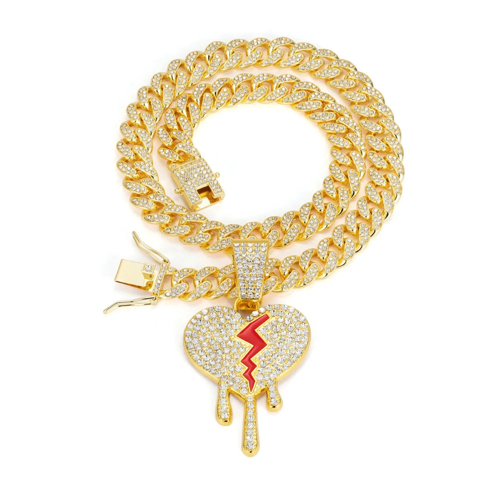 Hip Hop Iced Out Broken Heart Pendants Necklace with Miami Cuban Link Chain Heartbreak Necklaces Men Women Rapper Charm Jewelry