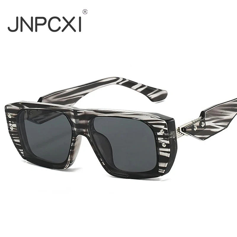 JNPCXI New Square Rivets Sunglasses Women Fashion Gray Stripe Gradient Shades UV400 Men Clear Lens Frame