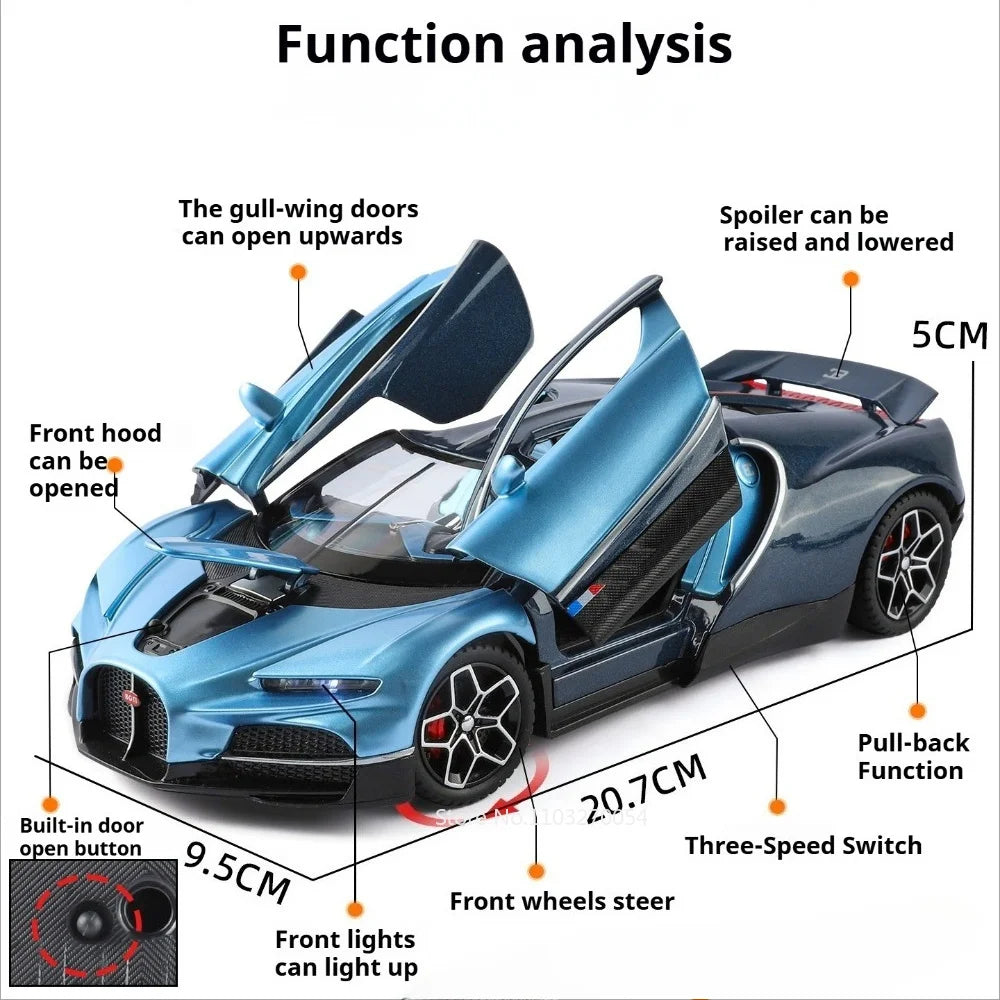 1:24 Chiron Tourbillon Miniature Model Alloy Diecast Car Toy Doors Opened with Sound Light Pull Back Sportscar Festival Surprise