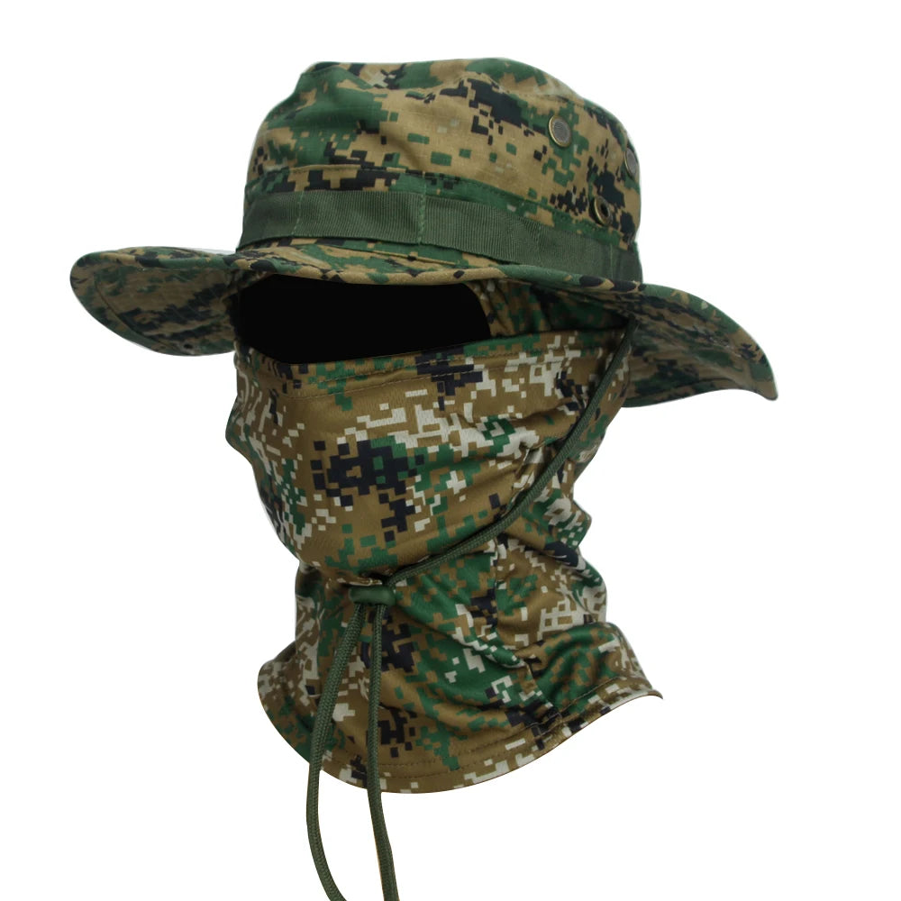 2Pcs Wide Brim Hat & Balaclava Set Men Outdoor Sun Boonie Cap Hiking Fishing Hat