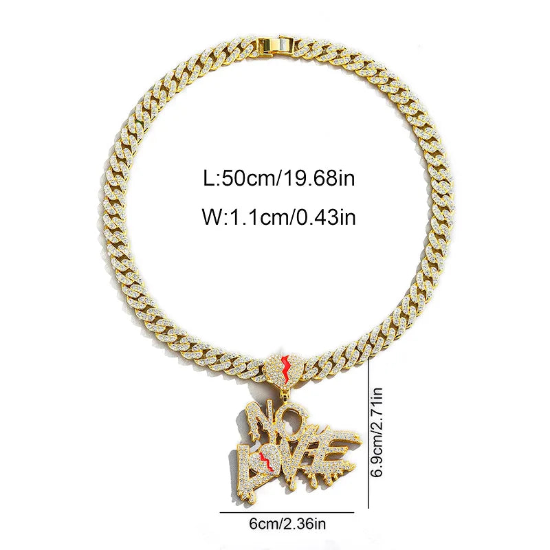 Hip Hop Iced Out Bling Crystal Cuban Chains NO LOVE Necklace Pendants For Men and Women Heart Broke Statement Necklaces Jewelry