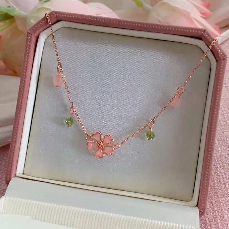 Korean Sweet Cherry Blossom Zircon Pendant Necklace Luxury Crystal Flower Clavicle Chain Necklace for Women Wedding Jewelry Gift