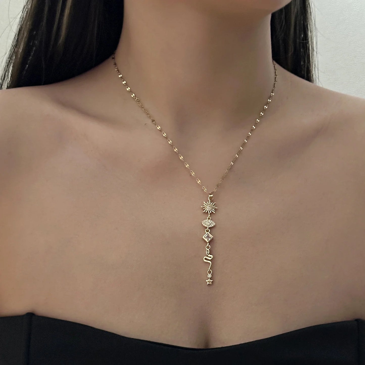 Celestial Mystical Gold Tone Necklace for Women Copper Stainless Steel Chain Sun Evil Eye Snake Tassel Boho Daily Jewelry Gift