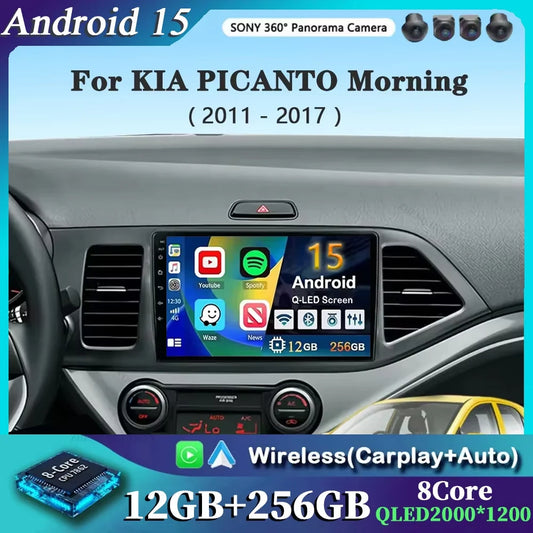 For KIA PICANTO Morning 2011 2012 - 2017 2K 12+256 QLED Android 15 CarPlay Car Radio Multimedia Video Player GPS stereo Head DSP
