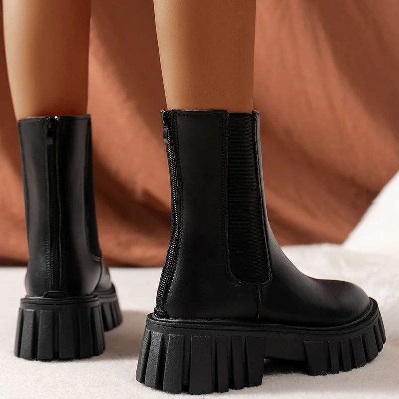 British Style Chunky Platform Ankle Boots Women Plus Size 42 Black Pu Leather Chelsea Boots Woman Zip Thick Sole Short Booties