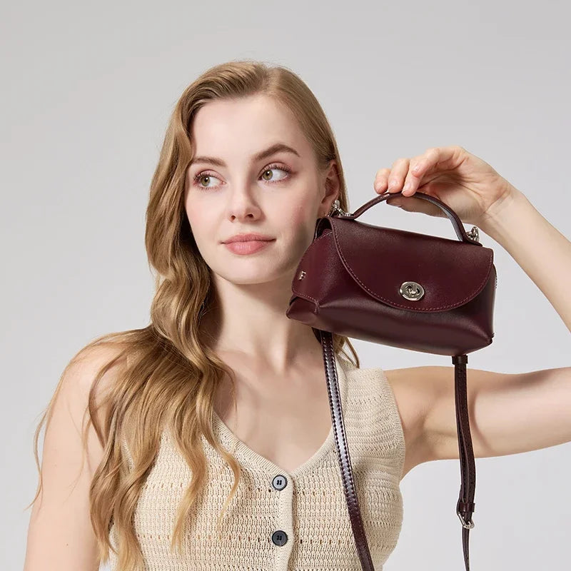 Genuine Cowhide Leather Mini Flap Crossbody Bag for Women Luxury Designer Smooth Leather Top Handle Bag with Twist Lock Closure