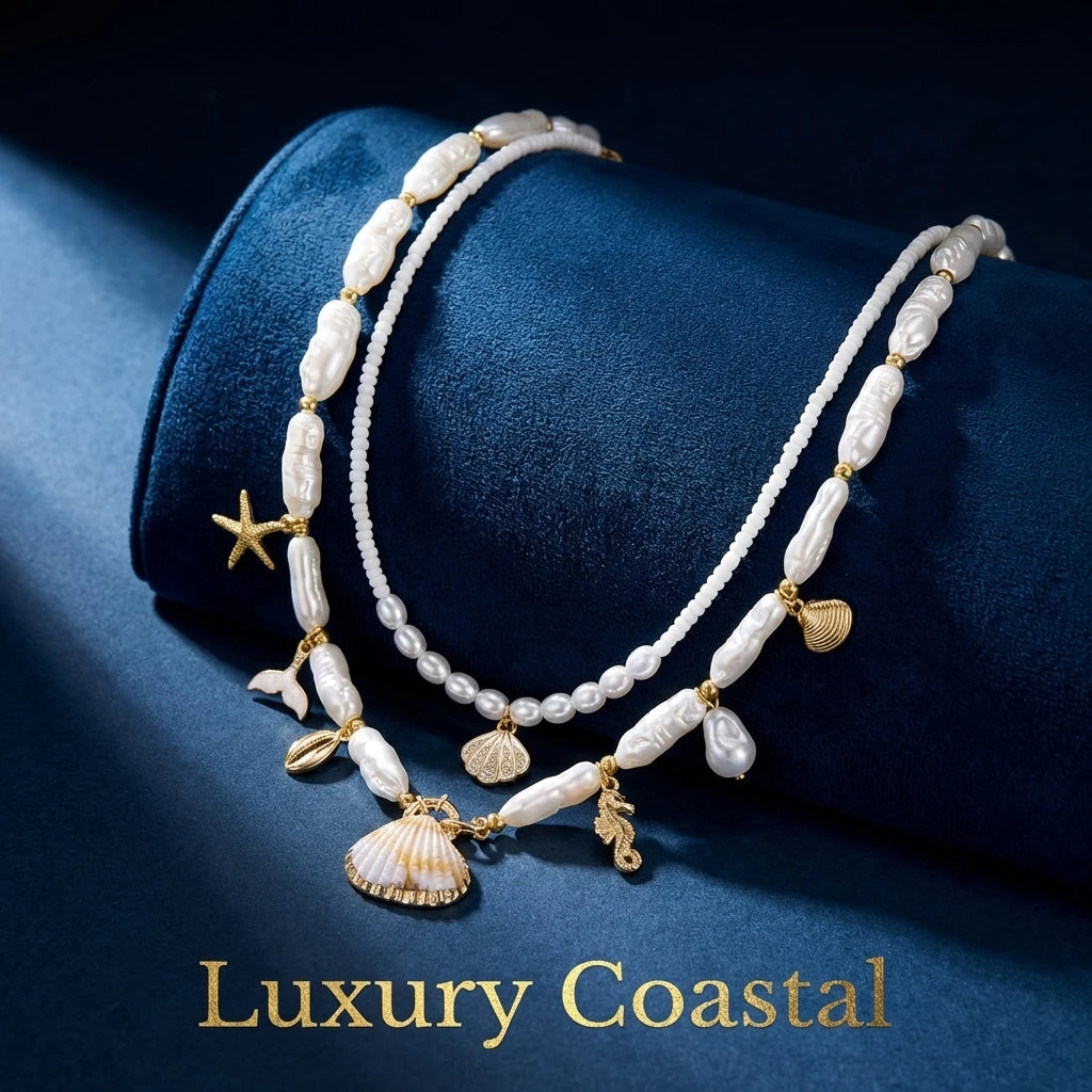 2Pcs/Set Vacation Shell Seahorse Mermaid Tail Starfish Faux Pearl Beaded Necklace Summer Beach Boho Jewelry