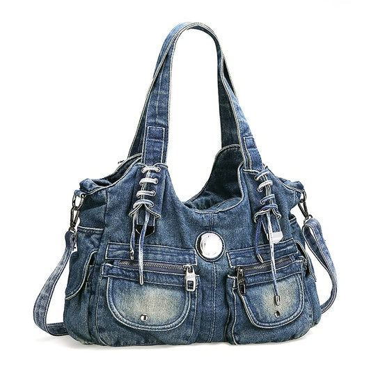 Casual Hobo Denim Bag Women Shoulder Bag Jeans Multiple Pockets Tote Handbag