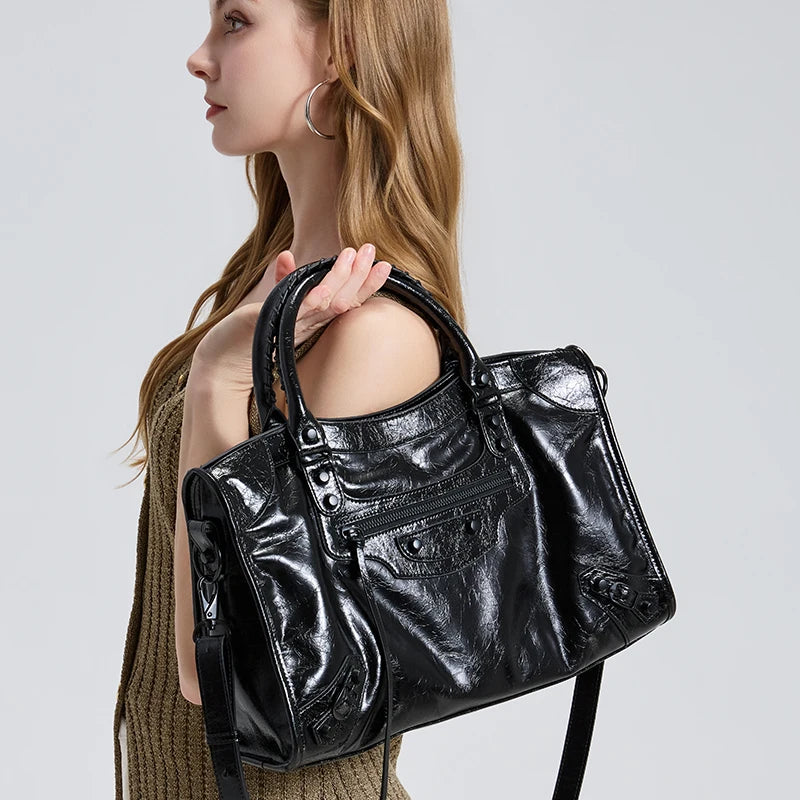 Women's Genuine Leather Tote Bag Waxed Cowhide Large Capacity Motorcycle bag ,Luxury Trendy Versatile All-match Commuting Bag