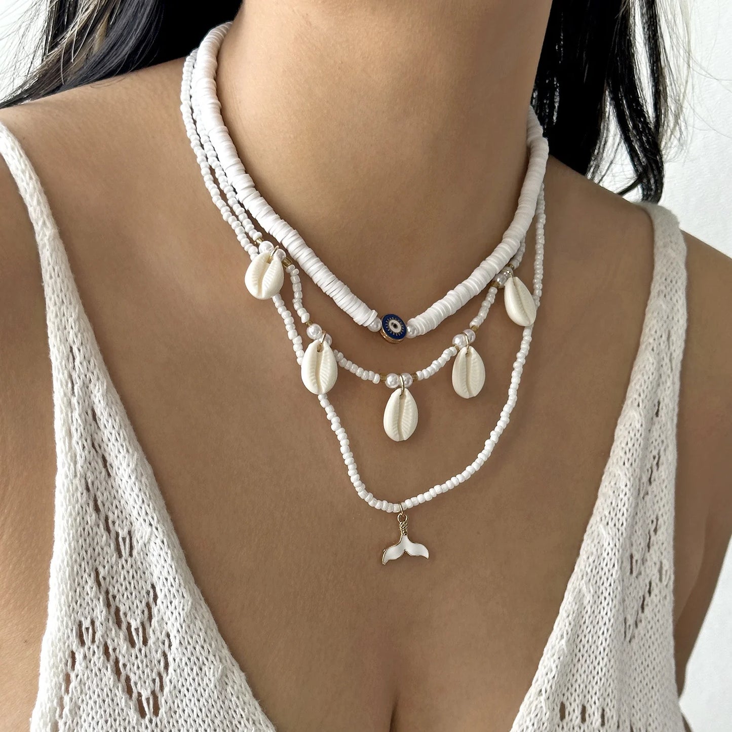 3Pcs/Set Pearl Shell Fishtail Evil Eye Necklace Set For Women Bohemian Ocean Pendant Choker