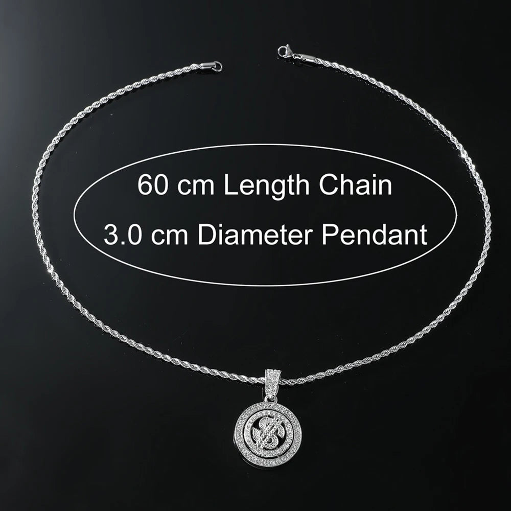 Hip Hop New Bling Rhinestone Dollar Pendants Necklace Rotatable US Dollar Money Sign Necklaces Men Hiphop Rap Rock Jewelry Gift