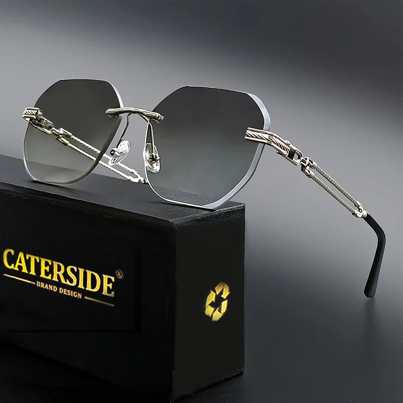 CATERSIDE Pilot Rimless Sunglasses Men Polygonal Metal Frame Women Sun Glasses Beach Shopping Gift Party Eyewear Summer Style