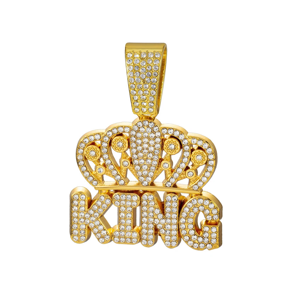 Men Hip Hop Crown KING Letter Pendant Necklace with 13mm Miami Cuban Chain Iced Out Bling HipHop Necklaces Fashion Women Jewelry