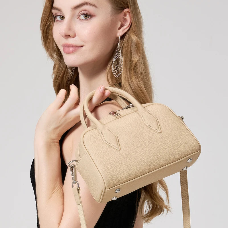 Fashion Women's Genuine Cowhide Leather Mini Boston Handbag Luxury Designer Pebbled Leather Top Handle Crossbody Shoulder Bag