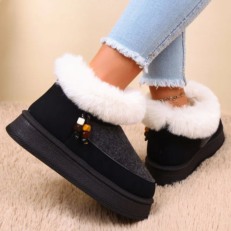 Black Faux Fur Snow Boots for Women Winter Short Plush Coldproof Warm Ankle Boots Woman Comfort Soft Sole Platform Botas Ladies