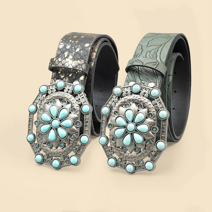 Retro Court Style Imitation Gemstone Inlaid Women's Wide Belt, Western Denim Style, Niche Women's Belt