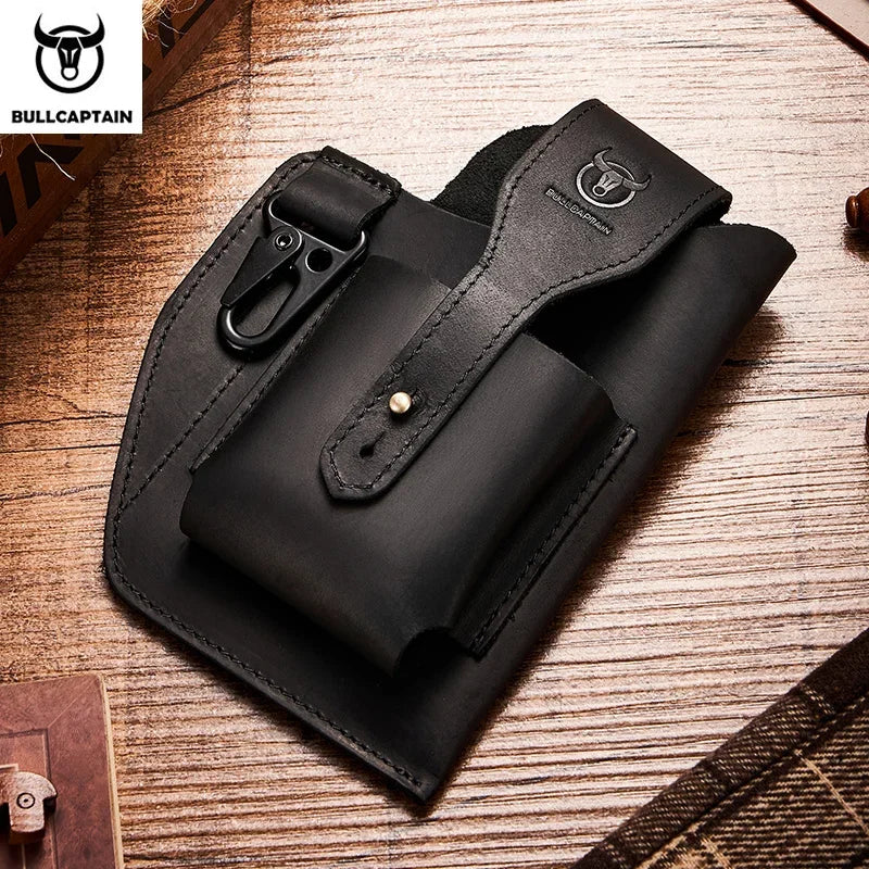 BULLCAPTAIN 2022 New Men's Leather Waist Bag Can Be Used For 5.5-6.8-Inch Mobile Phone Carrying Cigarette Case Outdoor Bag