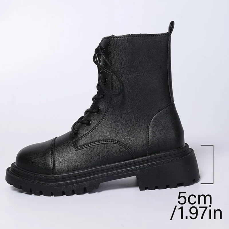 2025 Fashion Leather Lace-Up Ankle Boots for Women Wear-Resistant Zip Platform Woman Bootie Round Toe Zip Women's Boots