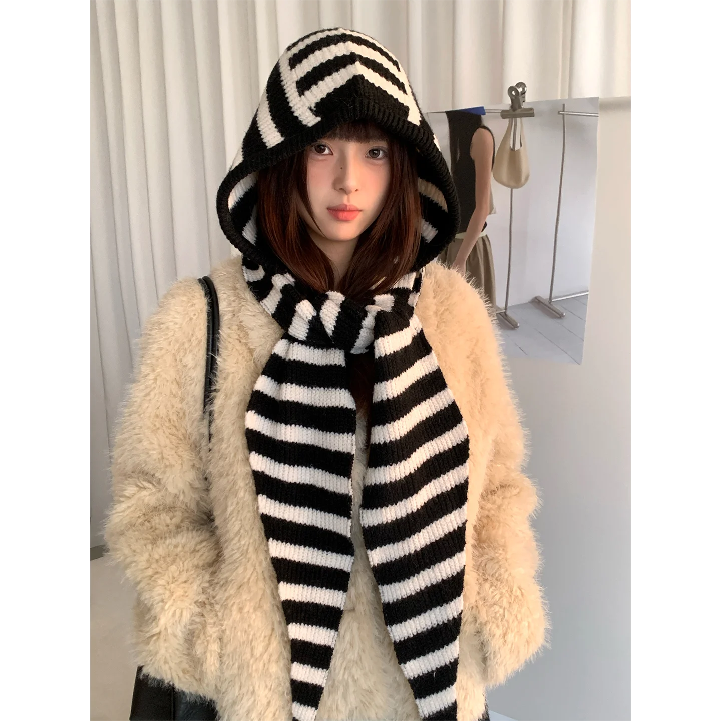Woolen Korean Style Black And White Striped Knitted Balaclava For Women Winter Warm Ear Protection Hat Scarf One Piece
