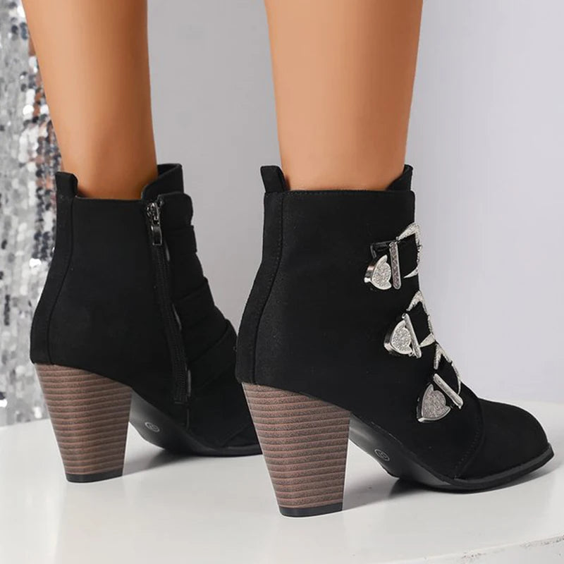 Fashion Buckle Decoration Boots Women Spring Autumn Plus Size Faux Suede Ankle Boots Woman Side Zipper High Heel Botas Ladies