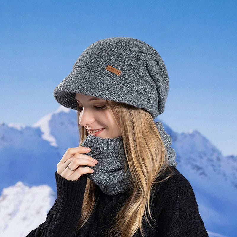 Xinbaoguan 100% Acrylic 8416 Winter Warm and Fleece Cold Protection Set for Women with brimmed Ear Protection Knitted Wool Hat