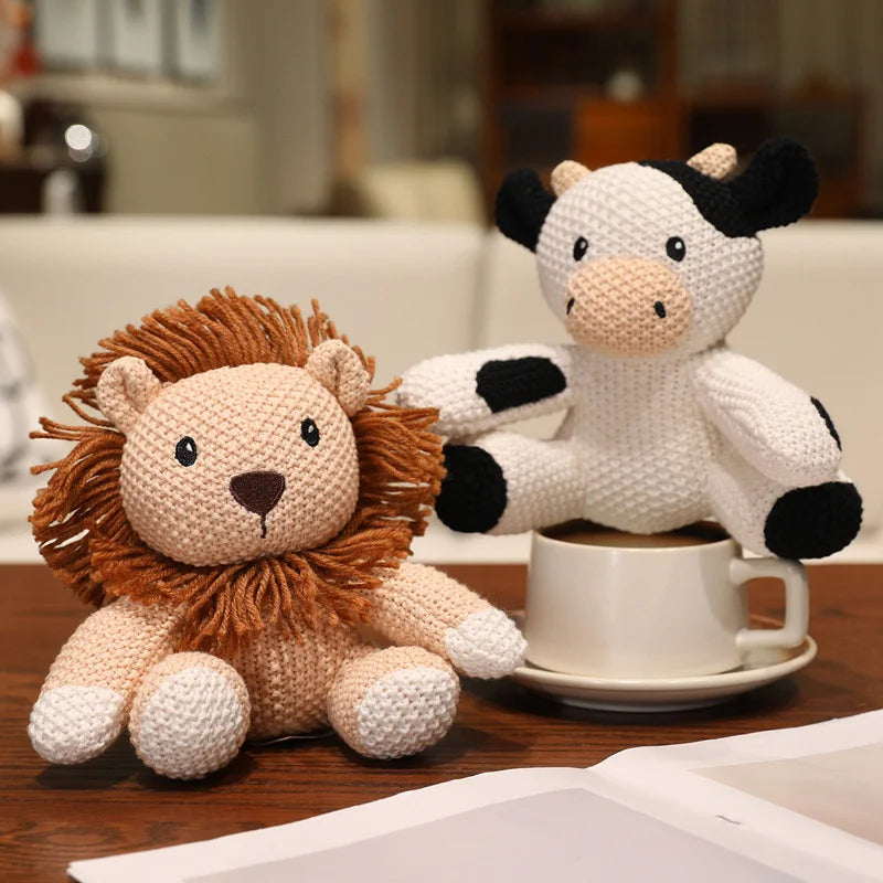 Cute Knitted Cartoon Animal Toy Stuffed Cow Cattle Fox Dinosaur Whale Shark Sitting Standing Small Appeasing Gift