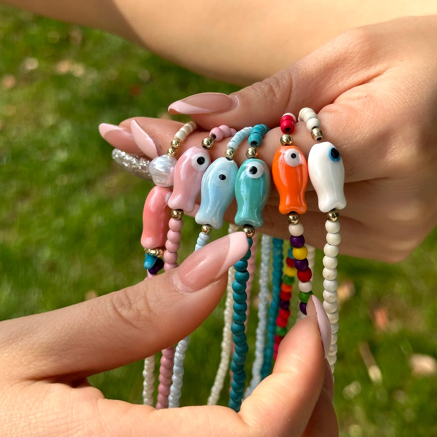 Boho Colorful Acrylic Beaded Choker Necklace for Women Girls Y2K Sweet Cute Ceramic Fish Pendant Necklace Summer Beach Jewelry
