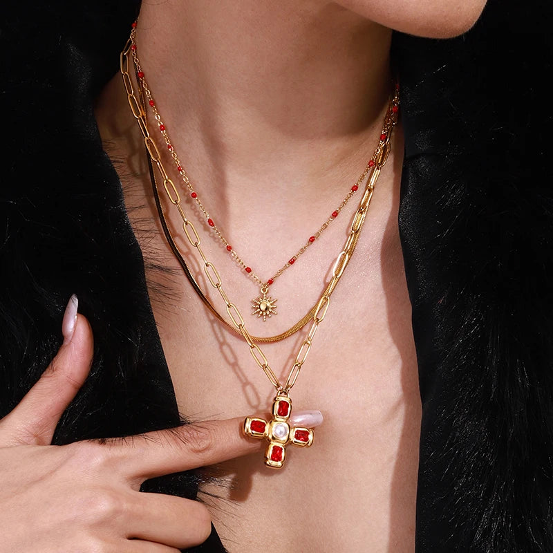 Uworld Delicate Colorful Bling Cubic Zirconia Cross Pendant Stainless Steel Luxury Necklace High-Grade Fashion Shiny Jewelry Gif