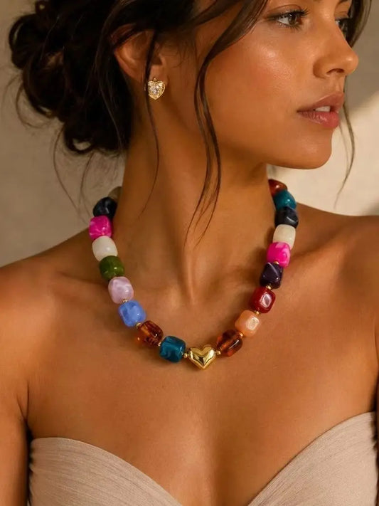 Bold Dopamine Colorful Geometric Resin Bead Necklace for Women Vintage Dopamine Chunky Statement Choker Jewelry