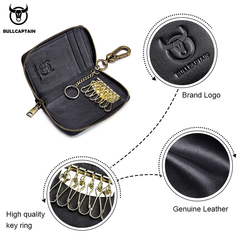 BULLCAPTAIN Leather Men's Key Bag Fashion Storage Bags Car Cover Compact Mini Card Holder Coin Purse Man Butler Keychain