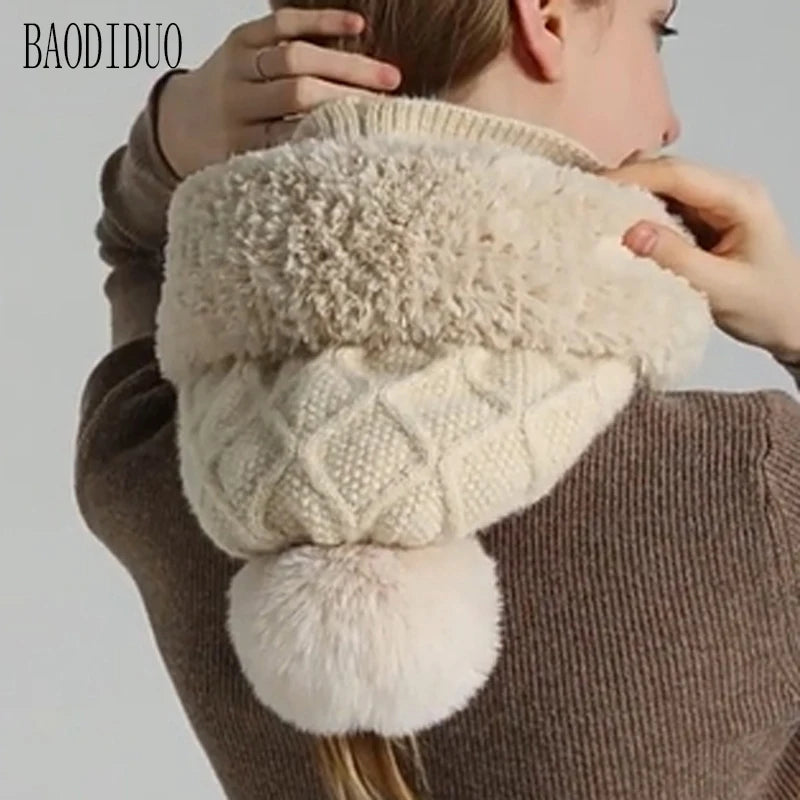 Xinbaoguan 100% Acrylic 8408 cross-border winter velvet knitted yarn hat women's mask scarf integrated warm ear protection hood