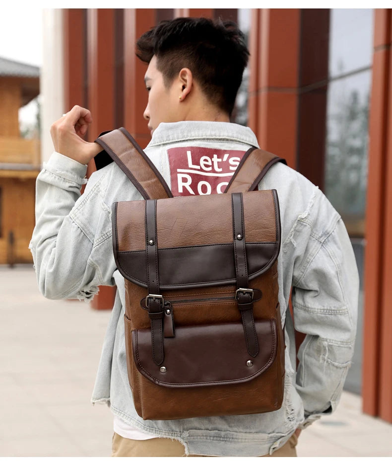 Khaki Vintage Laptop Leather Backpacks School Travel, Casual PU Leather Men Bags