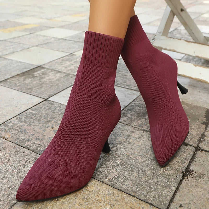 Fashion Slip On Slim Knitted Ankle Boots Women Plus Size Stretch High Heel Boots Woman Autumn Winter Thin Heeled Sock Booties
