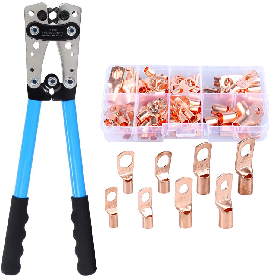 Battery Cable Lug Crimping Tool 10-1 AWG with Cutter, 60Pcs Copper Ring Terminals Heavy Duty Wire Crimper Set for Battery Cables