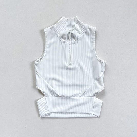 New Women's Sleeveless Mock Neck Hollow-out Zipper Ribbed Crop Top - White and Black Available