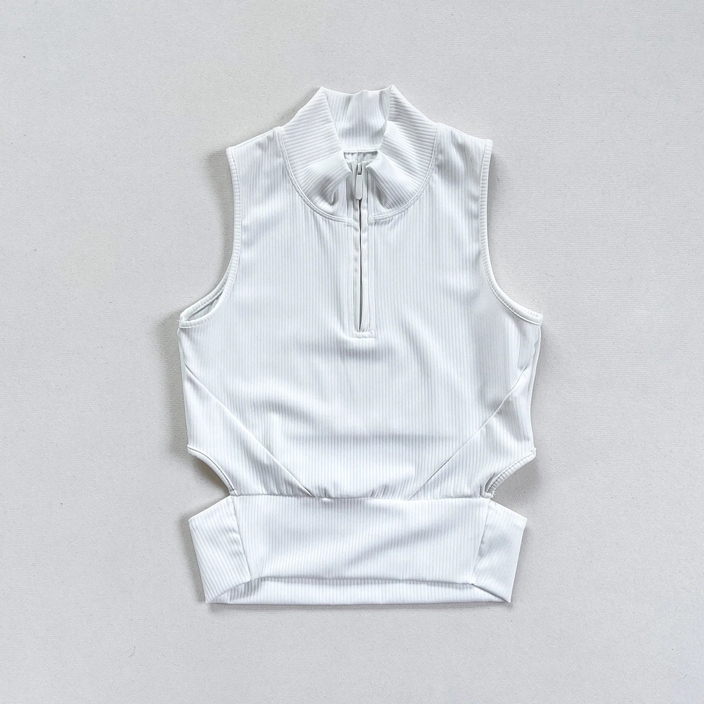 New Women's Sleeveless Mock Neck Hollow-out Zipper Ribbed Crop Top - White and Black Available