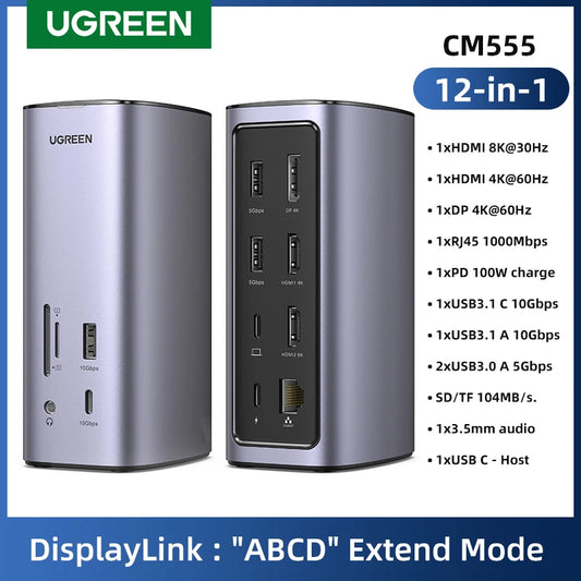 USB C Docking Station 12-in-1 Display Link 8K/4K 2HDMI DP Triple Display HUB